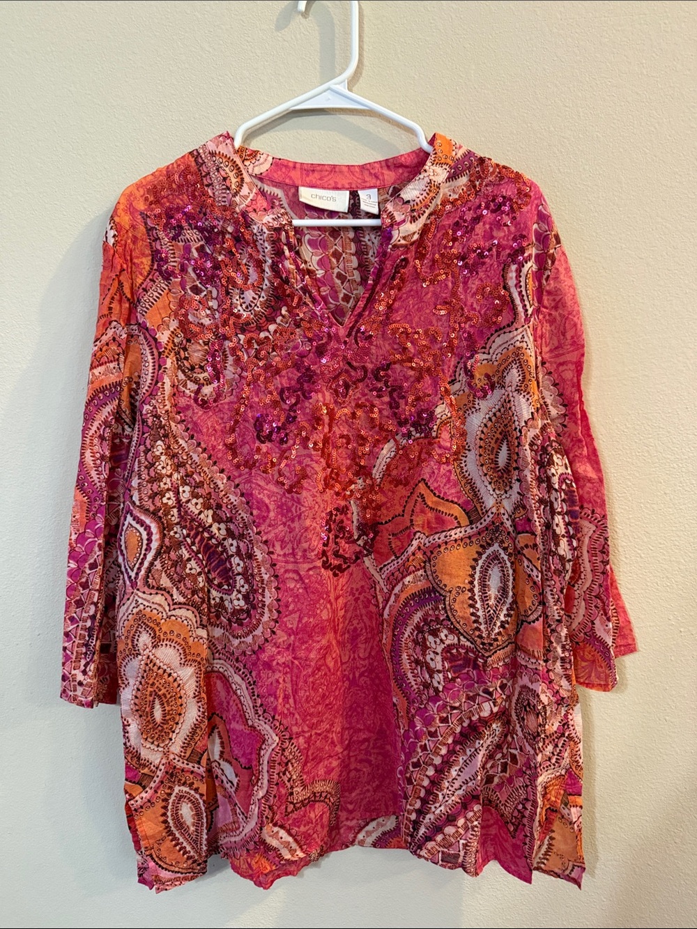 Chico's Fuchsia and Orange Paisley Embellished V-Neck Tunic